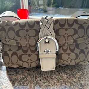 Coach Beige and Brown Signature Canvas Shoulder Bag